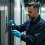 Technicien inspectant une gâche électrique encastrée dans un encadrement de porte métallique lors d'une opération d'entretien
