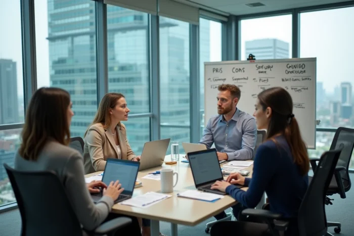 Équipe professionnelle en réunion comparant des solutions logicielles sur des tableaux de bord numériques dans une salle de conférence vitrée
