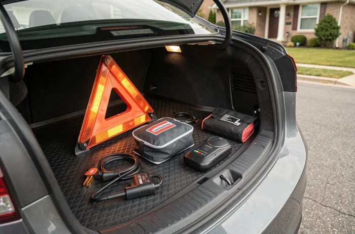 Coffre de voiture organisé avec des équipements de sécurité automobile incluant triangle de signalisation, trousse de secours et traceur GPS