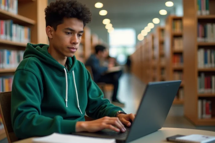 Étudiant accédant au webmail Convergence Lyon depuis une bibliothèque universitaire