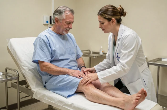 Médecin examinant les jambes œdémateuses d'un patient adulte atteint d'anasarque en consultation hospitalière