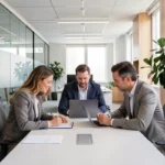 Équipe de consultants RH réunis autour d'une table dans un bureau moderne discutant de l'externalisation des fonctions ressources humaines