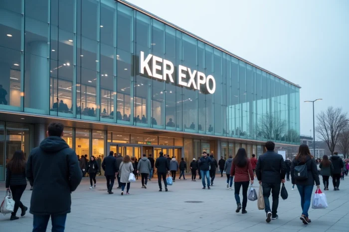 Façade extérieure du centre d'exposition Ker Expo avec des visiteurs entrant lors d'un événement public