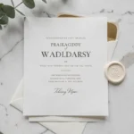 Faire-part de mariage minimaliste posé sur marbre blanc avec sceau de cire ivoire et eucalyptus séché