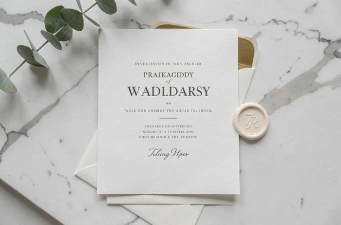 Faire-part de mariage minimaliste posé sur marbre blanc avec sceau de cire ivoire et eucalyptus séché