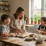 Mère et enfants qui cuisinent ensemble dans une cuisine familiale chaleureuse, partageant un moment de complicité autour d'une recette maison