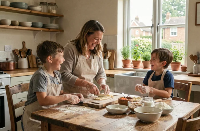 Mère et enfants qui cuisinent ensemble dans une cuisine familiale chaleureuse, partageant un moment de complicité autour d'une recette maison