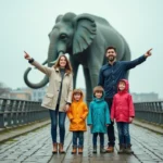 Famille avec deux enfants devant l'éléphant mécanique des Machines de l'Île à Nantes