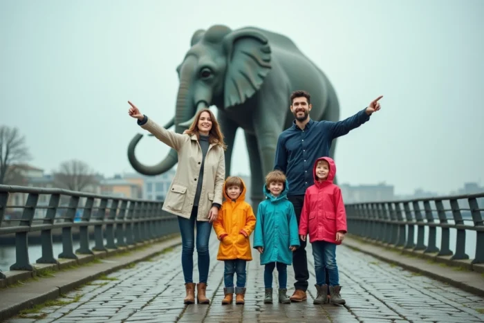 Famille avec deux enfants devant l'éléphant mécanique des Machines de l'Île à Nantes