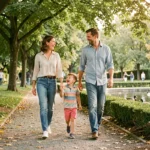 Famille heureuse se promenant dans un parc verdoyant avec leurs enfants lors d'une sortie en plein air