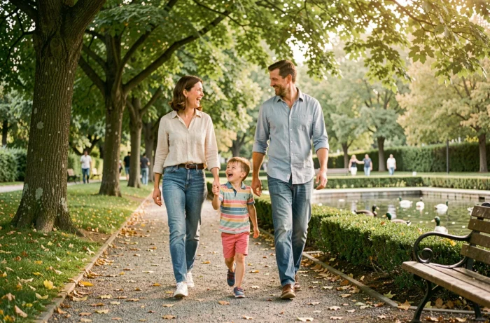 Famille heureuse se promenant dans un parc verdoyant avec leurs enfants lors d'une sortie en plein air