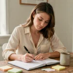 Femme organisée écrivant dans son agenda papier à un bureau en bois dans un home office calme et rangé