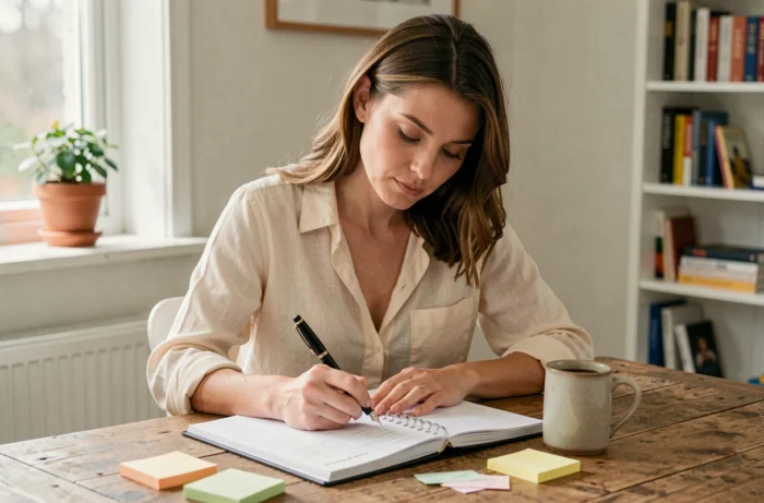 Femme organisée écrivant dans son agenda papier à un bureau en bois dans un home office calme et rangé