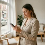 Femme consultant une application de location saisonnière sur smartphone dans un appartement moderne au style scandinave