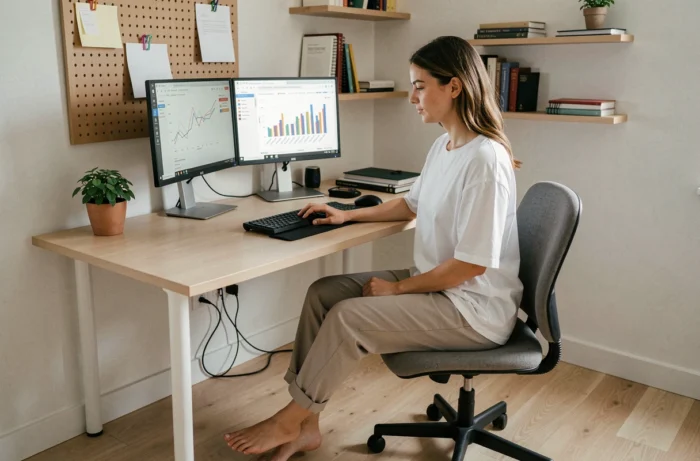 Femme freelance en t-shirt blanc travaillant sur deux écrans dans un bureau à domicile bien organisé, pieds nus posés sur un parquet clair