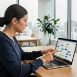 Femme professionnelle pointant une structure de sitemap sur un ordinateur portable dans un bureau moderne