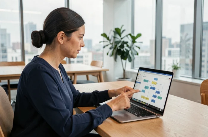 Femme professionnelle pointant une structure de sitemap sur un ordinateur portable dans un bureau moderne