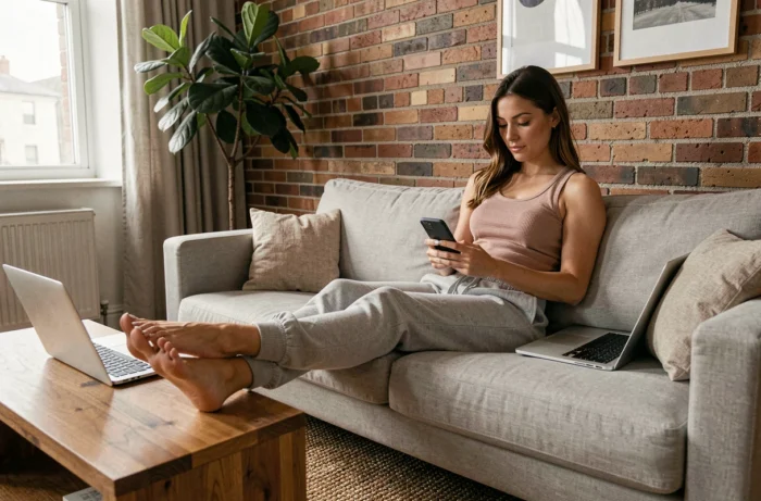 Jeune femme en jogging gris assise sur un canapé dans un appartement urbain, pieds nus vernis posés sur une table basse en bois tout en utilisant son smartphone
