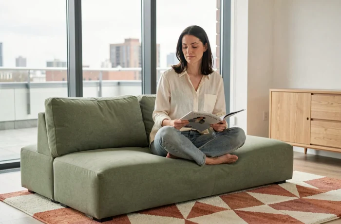 Femme détendue assise sur un canapé modulable vert sauge dans un salon contemporain avec vue urbaine et décoration moderne