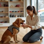 Femme choisissant un harnais confortable pour son golden retriever dans une boutique pour animaux au style scandinave