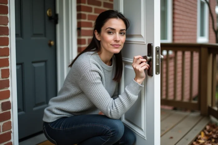 Femme introduisant une clé dans un verrou de porte d'entrée extérieure, illustration du choix entre verrou à clé et à bouton pour la sécurité du domicile