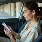 Jeune femme gérant son assurance auto depuis son smartphone dans une voiture garée, application mobile Merci Victor visible à l'écran