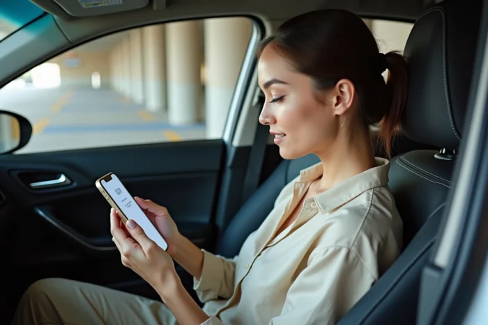 Jeune femme gérant son assurance auto depuis son smartphone dans une voiture garée, application mobile Merci Victor visible à l'écran