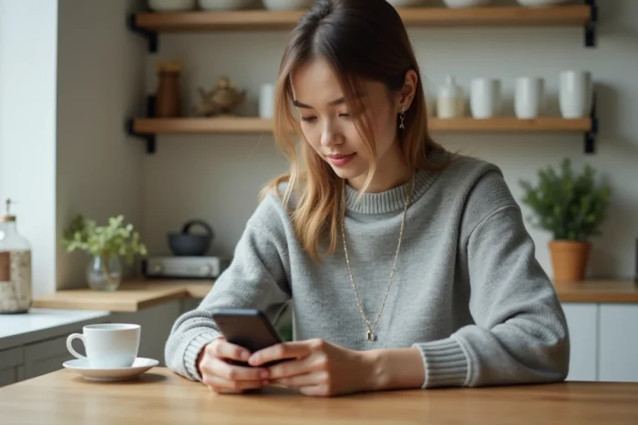Femme gérant son contrat d'assurance auto depuis son téléphone portable à la maison, interface d'application visible sur l'écran