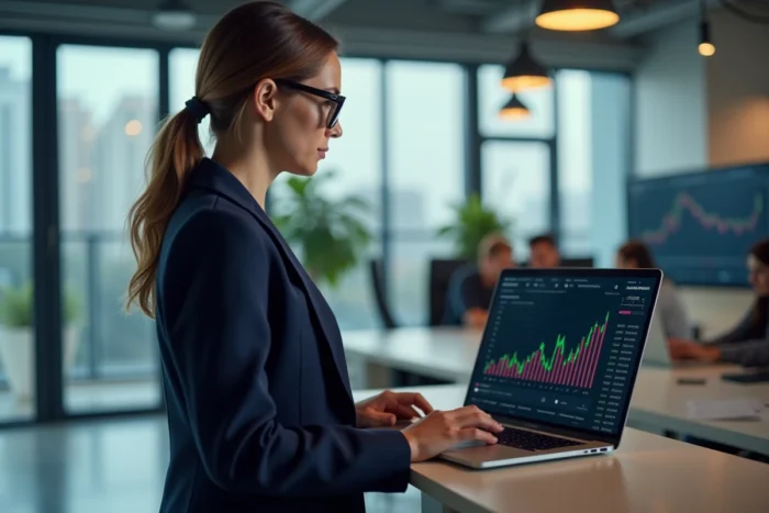 Femme professionnelle gérant son portefeuille boursier sur un tableau de bord numérique dans un espace de coworking