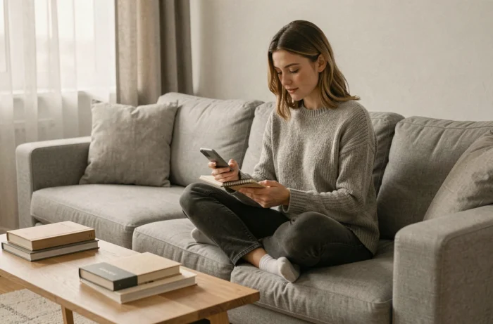 Jeune femme gérant son emploi du temps avec un smartphone et un carnet sur un canapé dans un intérieur minimaliste