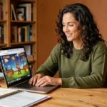 Femme souriante jouant au jeu de nain de jardin Google sur un ordinateur portable dans un bureau à domicile