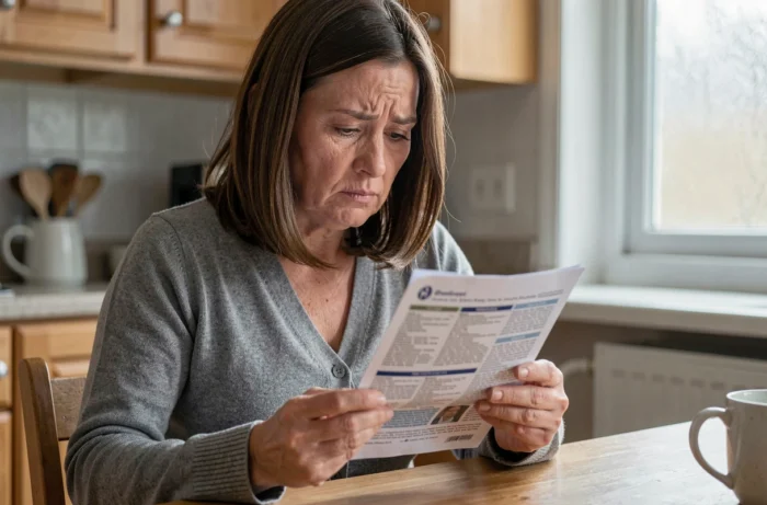 Femme lisant attentivement une notice médicale à la maison, illustrant les questions de sécurité autour du dispositif Audistim