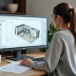 Femme utilisant un logiciel de plan de maison gratuit en ligne sur un ordinateur de bureau à domicile