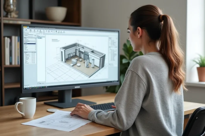 Femme utilisant un logiciel de plan de maison gratuit en ligne sur un ordinateur de bureau à domicile