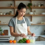 Femme utilisant une machine sous vide pour emballer des légumes frais dans une cuisine moderne