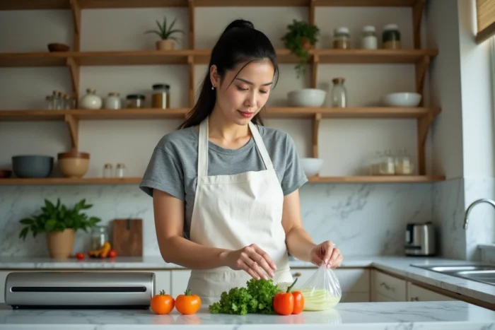 Femme utilisant une machine sous vide pour emballer des légumes frais dans une cuisine moderne
