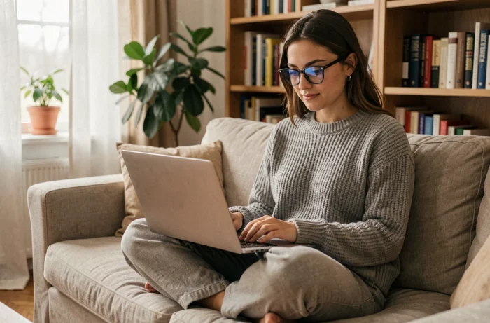 Jeune femme naviguant sur un site d'actualités depuis son canapé dans un salon chaleureux