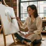 Femme peignant sur toile dans un atelier d'art lumineux, loisir créatif pour profiter de son temps libre