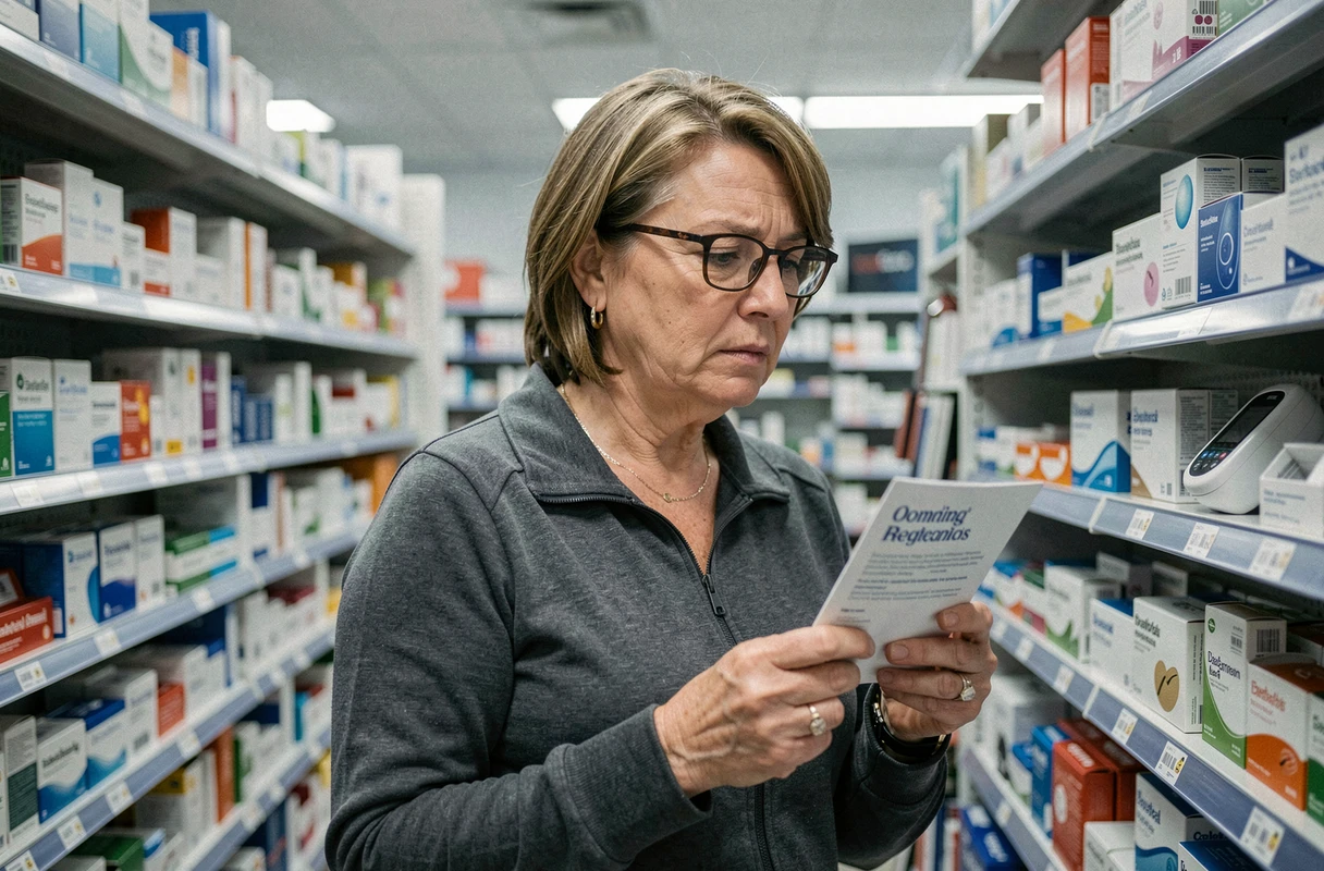 Femme d'âge mûr en pharmacie consultant un kit de surveillance glycémique pour comprendre les symptômes du diabète