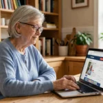 Senior femme naviguant sur le site Guide Seniors depuis son ordinateur portable à la maison