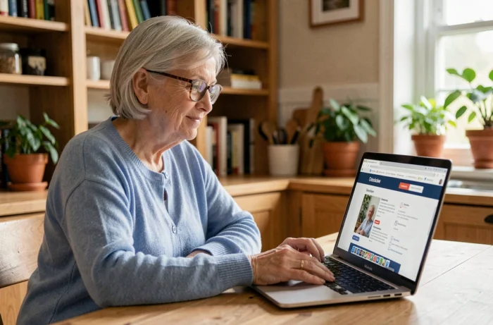 Senior femme naviguant sur le site Guide Seniors depuis son ordinateur portable à la maison