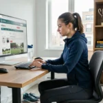 Femme sportive explorant le plan du site d'un portail sportif sur un écran d'ordinateur dans un bureau moderne