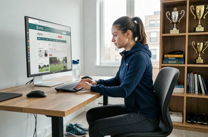 Femme sportive explorant le plan du site d'un portail sportif sur un écran d'ordinateur dans un bureau moderne