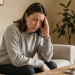 Femme fatiguée assise chez elle avec un verre d'eau et un pilulier, illustrant les symptômes d'une maladie courante