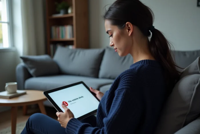 Femme tenant une tablette affichant une erreur d'adresse de site web introuvable, cherchant une solution pour accéder à un site bloqué