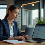 Femme professionnelle utilisant le webmail Convergence Lyon sur un ordinateur portable dans un bureau moderne