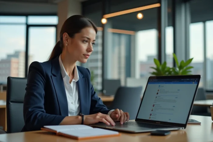 Femme professionnelle utilisant le webmail Convergence Lyon sur un ordinateur portable dans un bureau moderne