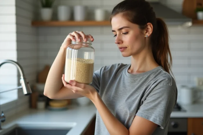Femme inspectant un bocal de semoule périmée dans sa cuisine, expression inquiète face aux signes de détérioration