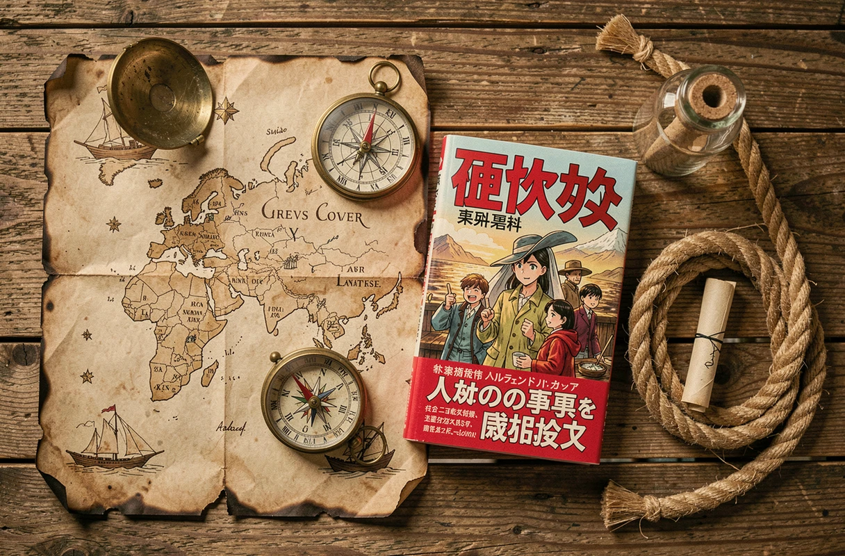 Flat lay de carte au trésor dessinée à la main, boussole en laiton et volume manga évoquant l'aventure maritime de One Piece