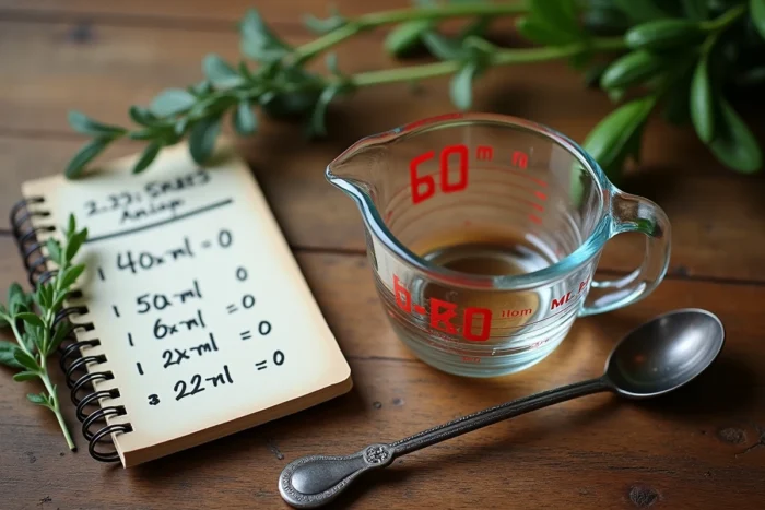Vue de dessus d'un verre doseur à 60 ml entouré d'un carnet de conversion manuscrit et d'ustensiles de cuisine sur une table en bois